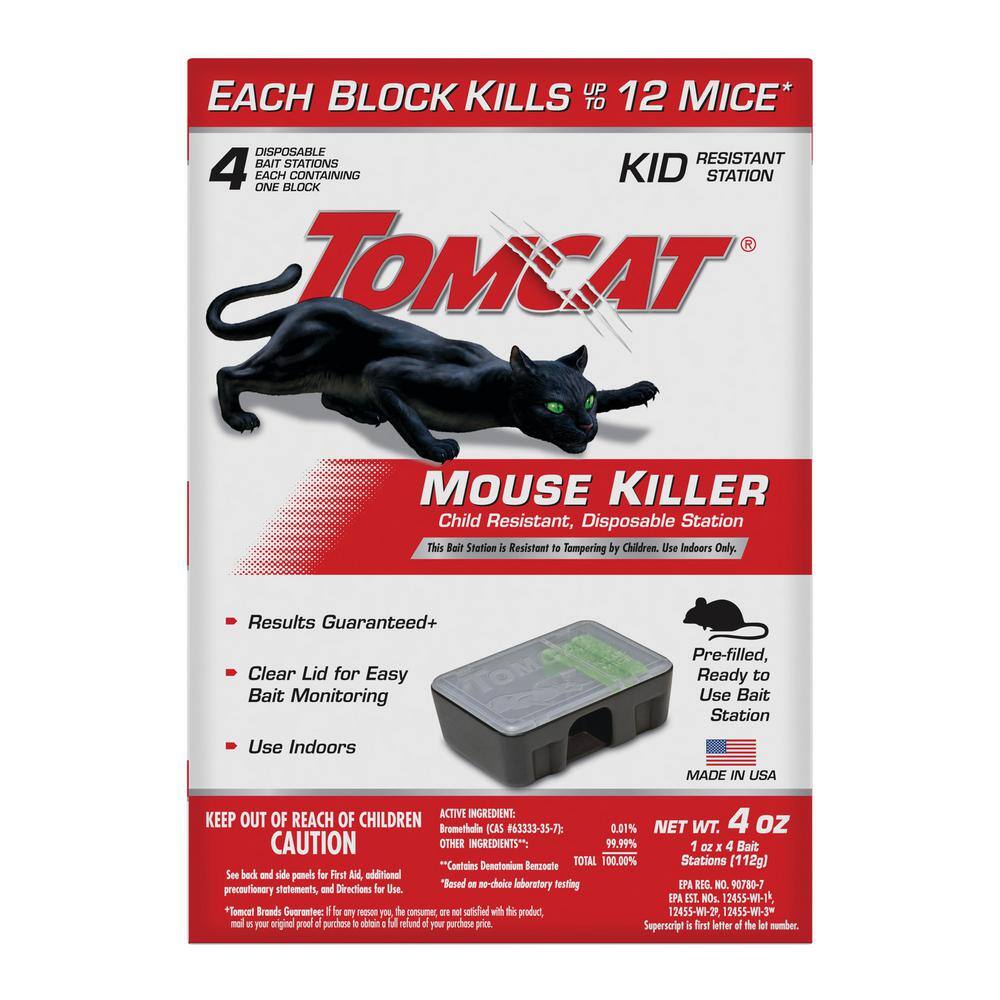 TOMCAT Mouse Killer Child Resistant Disposable Station 4 Pre-Filled Ready-To-Use Bait Stations 037161005