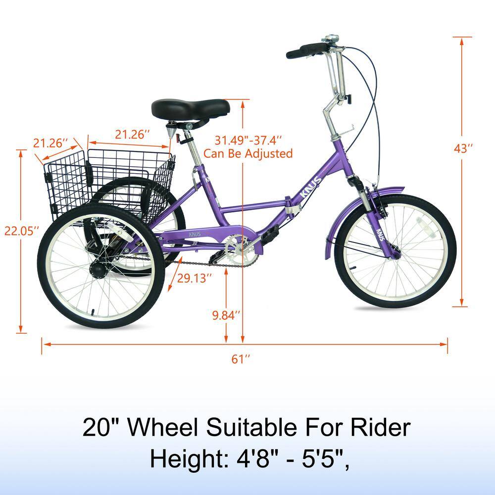 20 in. 3 Wheel Adult Foldable Tricycle Purple Bicycle with Shopping Basket TN131E-112