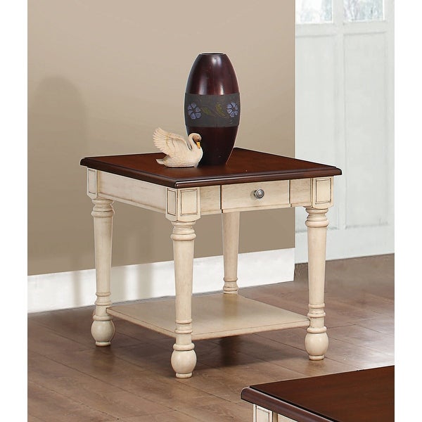 Rectangular Wood End Table， Dark Brown and Antique White