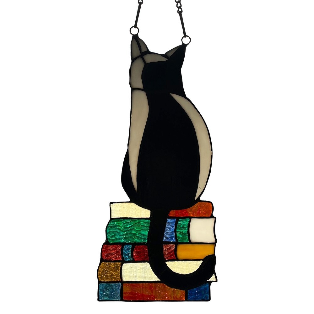 River of Goods Cat on Books River of Goods Stained Glass Vertical Window Panel   6\