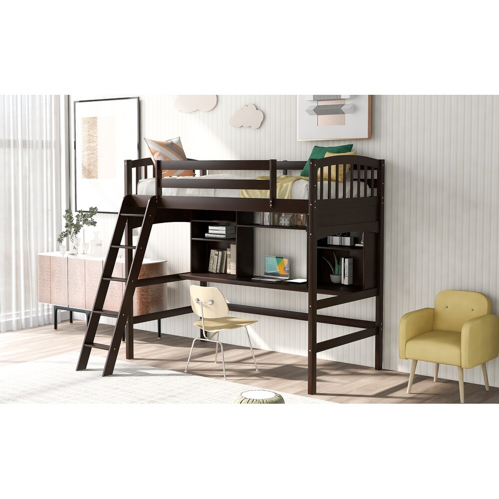 Multifunctional Design Twin size Loft Bed with Storage Shelves  Desk and Ladder