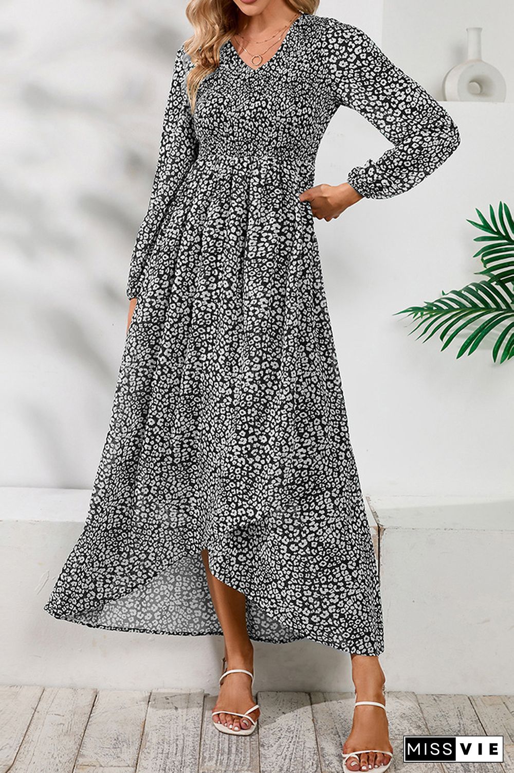 V Neck Puff Sleeves Split Printing Maxi Dress