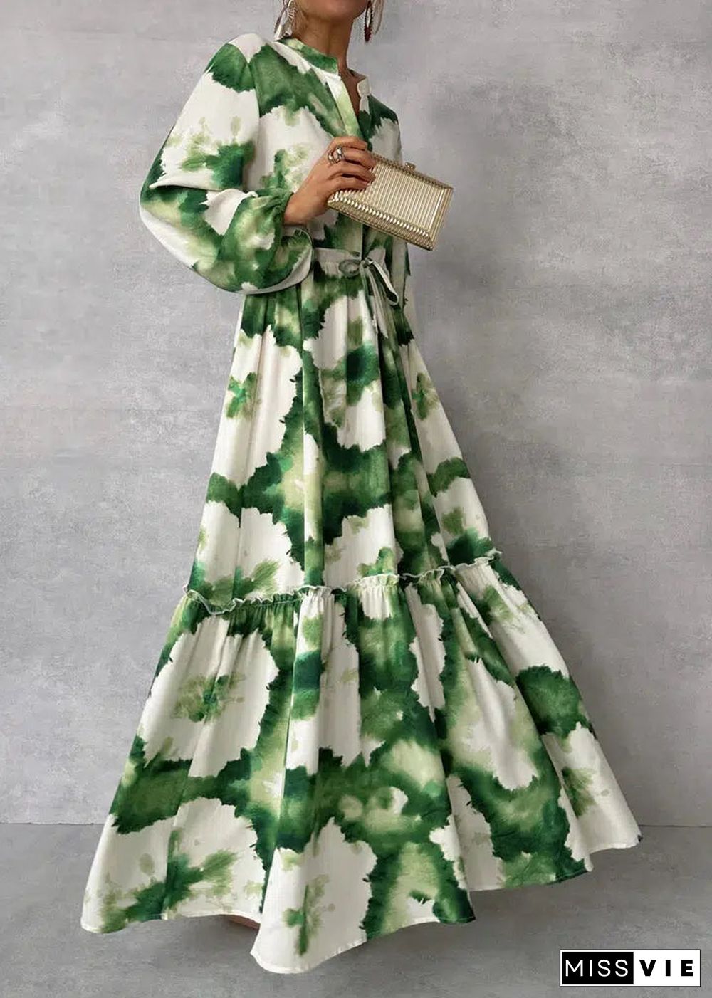 Green Long Sleeve V-Neck Maxi Dress