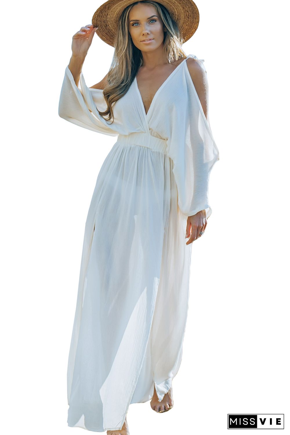 White Cold Shoulder Side Slit Deep V Neck Maxi Dress