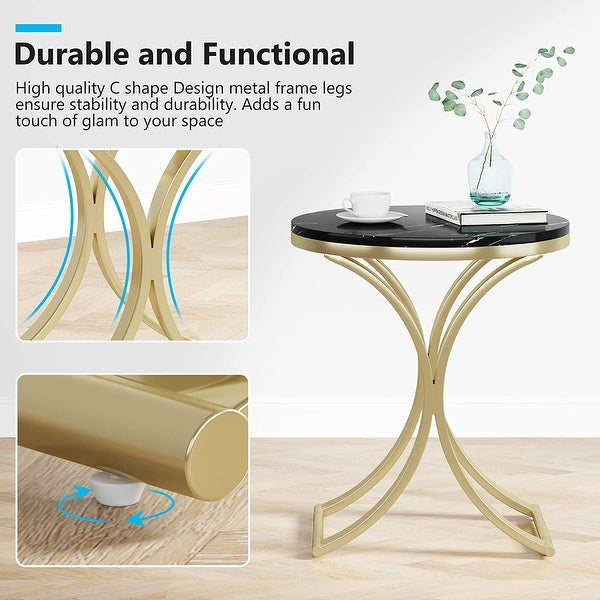 Small Modern Round Side Table End Table Nightstand with Gold Metal Frame and Faux Marble Veneer Engineered Wood for Living Room