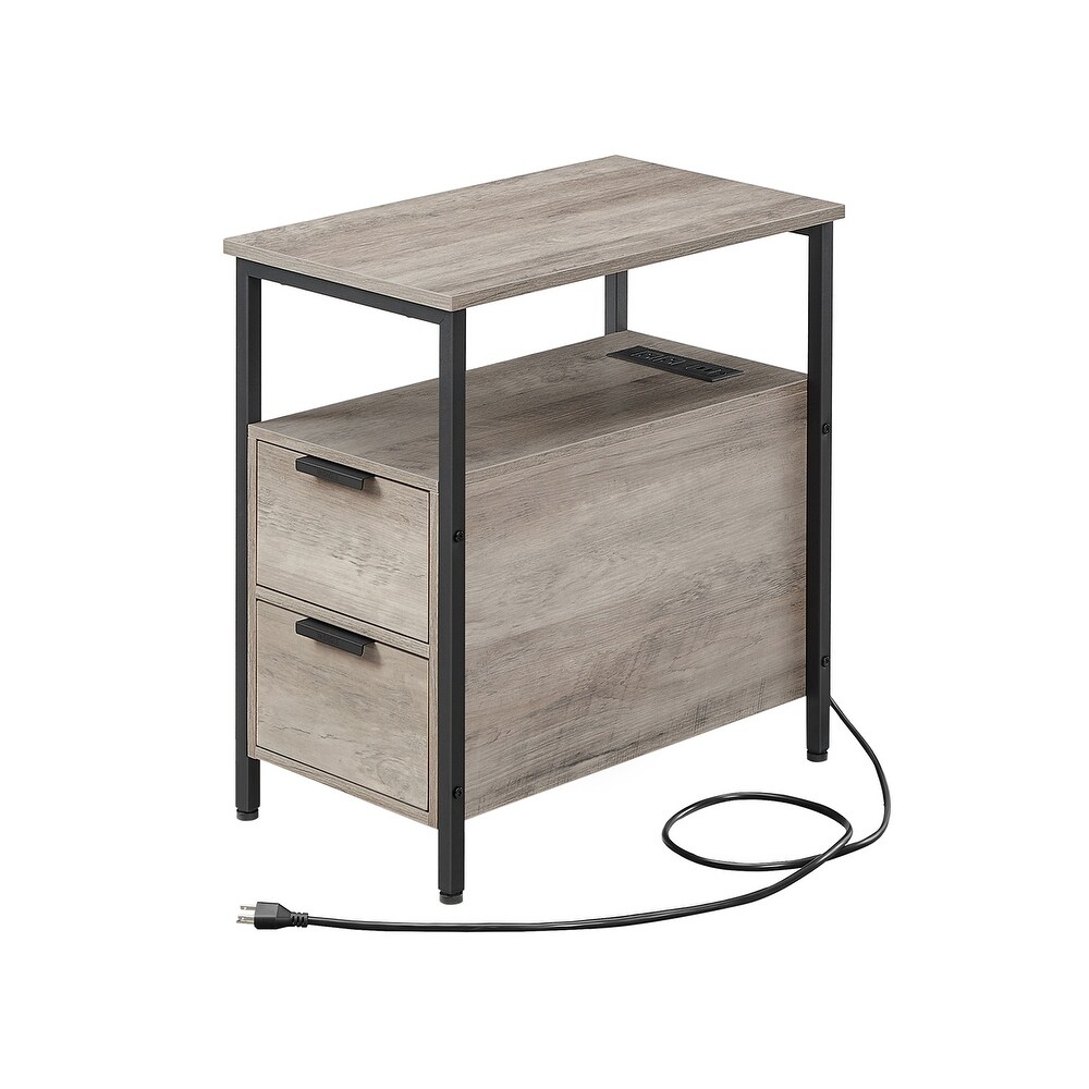 Slim Side Table Nightstand End Table with 2 Drawers and Charging Station for Small Spaces   23.6” x 13.8” x 24”