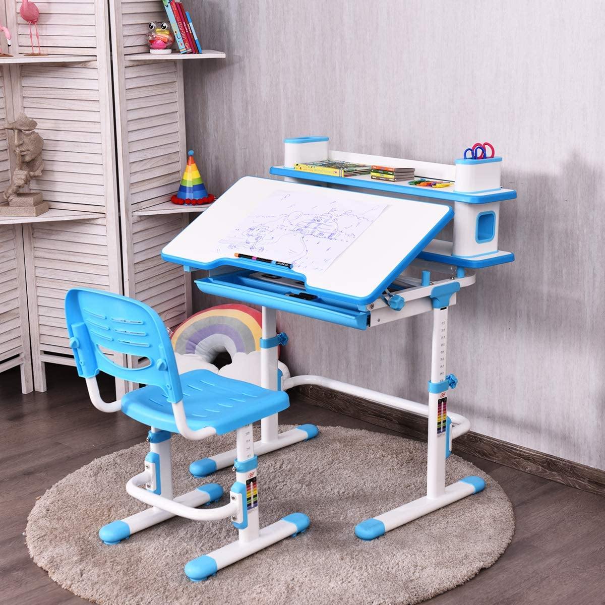 Baby Joy Kids Desk and Chair Set, Height Adjustable, Student Study Table with Storage Drawer