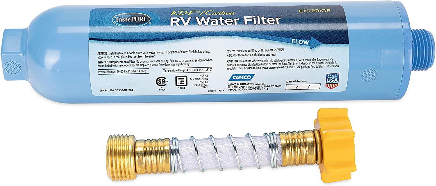 Camco TastePure RV/Marine Water Filter with Flexible Hose Protector， Chlorine and Sediment in Drinking Water (40043)