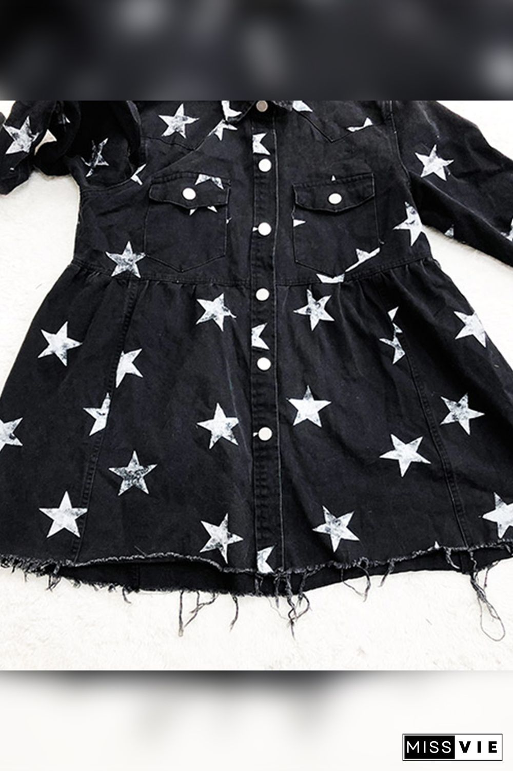 Stars Print Raw Hem Ripped Denim Jacket with Pockets Shacket Wholesale