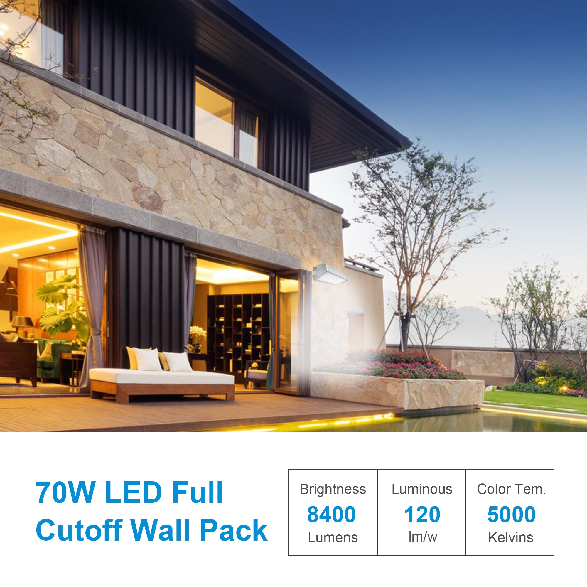 Amptonica LED Full Cutoff Wall Pack Dust to Dawn，70W 8400lm， Outdoor Wall Light 5000K Daylight Security Light for Backyard，Warehouse