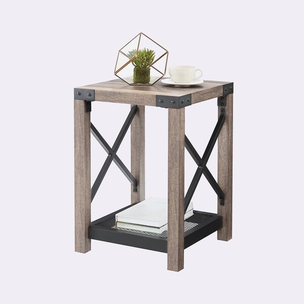 Farmhouse Wood Side Table with Mesh Shelf