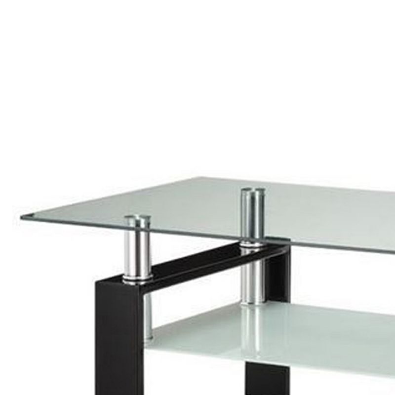 Glass Top Coffee Table with Metal Base and 1 Bottom Shelf， Clear and Black