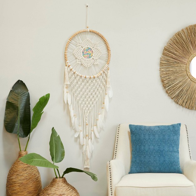 Cotton Macrame Handmade Intricately Woven Dreamcatcher Wall Decor With Beaded Fringe Tassels White Olivia amp May