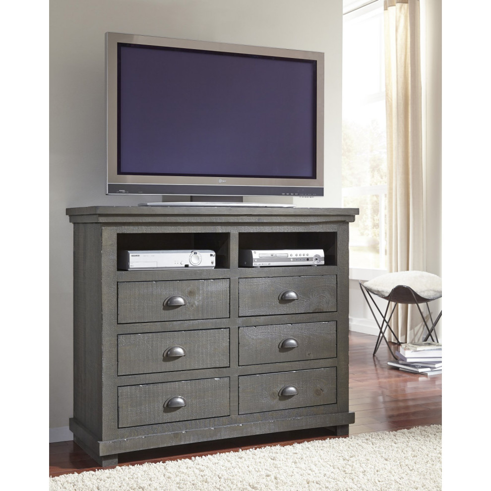 Rustic TV Media Console  Drawers With Inverted Cup Shaped Pulls  Weathered Gray   Rustic   Entertainment Centers And Tv Stands   by Declusia  Houzz