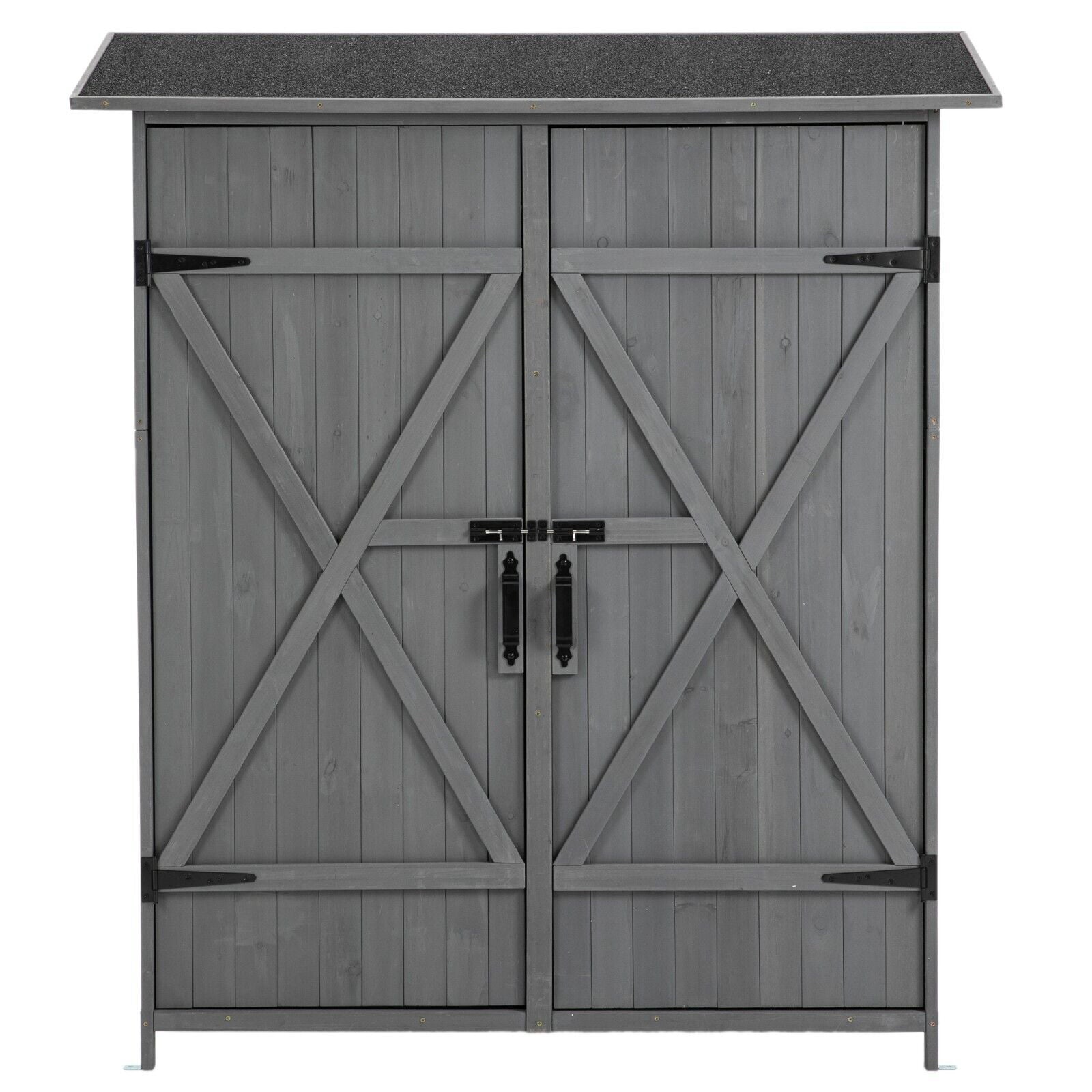 LZBEITEM 64" Wooden Outdoor Garden Storage Shed，Furniture Tool Shed Double Doors，Asphalt Roof Wood Storage Cabinet with Lock and Shelves,Gray