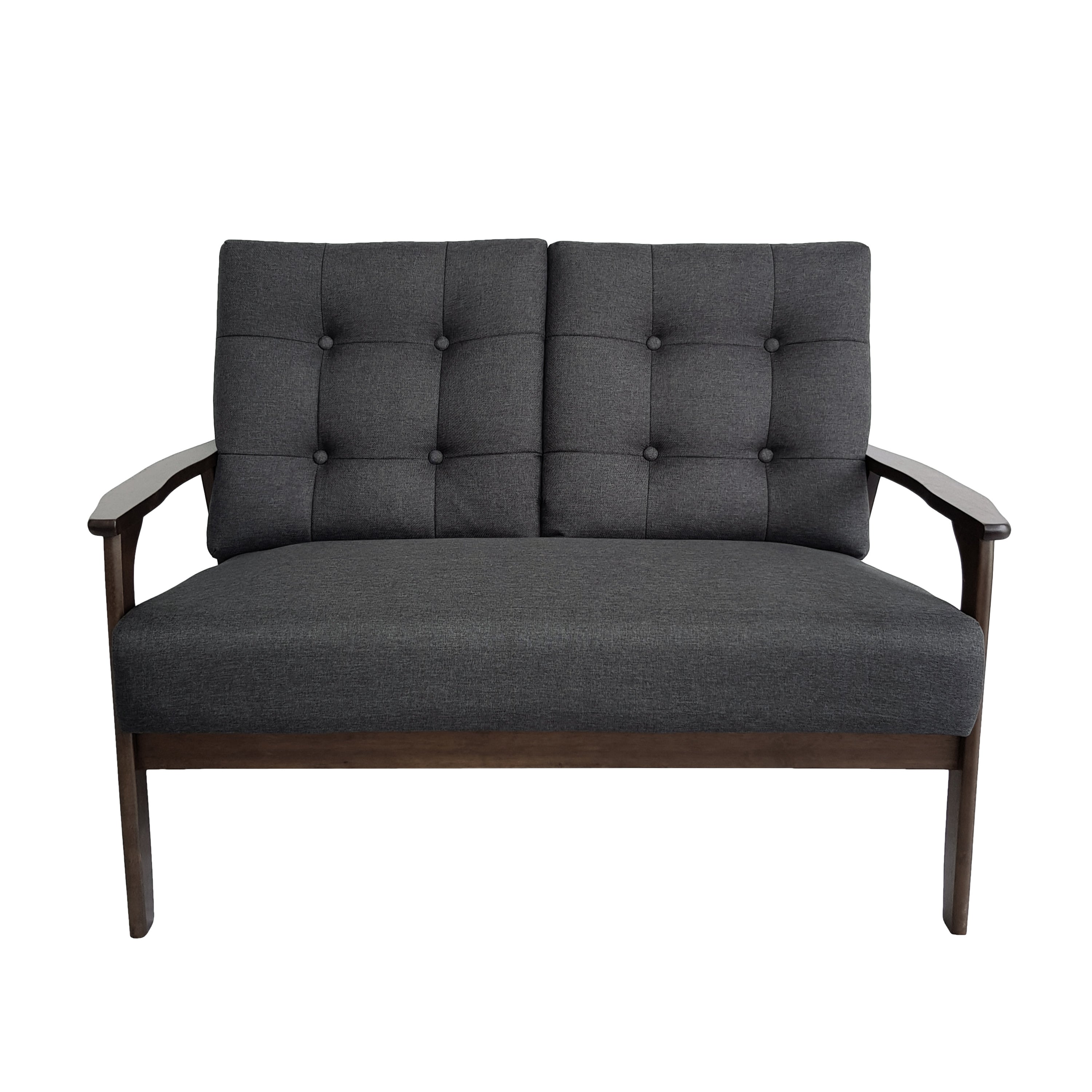 Samulle Mid Century Waffle Stitch Tufted Accent Loveseat with Rubberwood Legs - Black and Walnut Finish