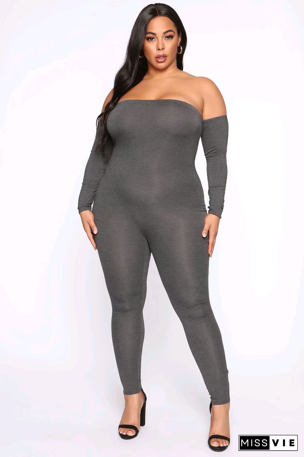 Slash Neck Long Sleeve Plus Size One Piece Jumpsuit