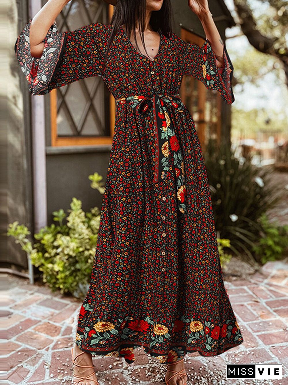 Bohemian Floral Print Belt Ruffle Sleeve Maxi Dress