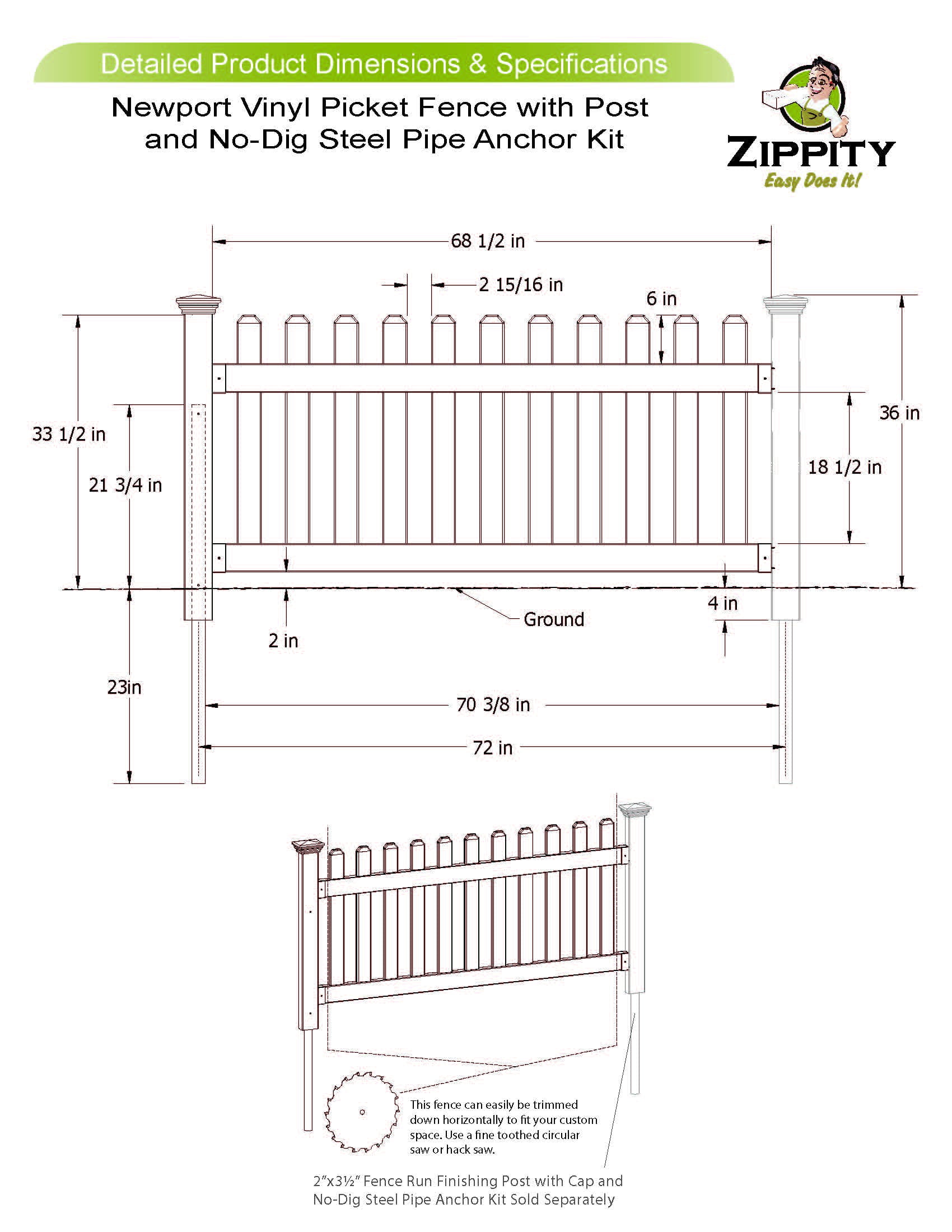 Zippity Outdoor Products Newport Permanent Picket Fence with Post and No-Dig Steel Pipe Anchor (3ft x 6ft)