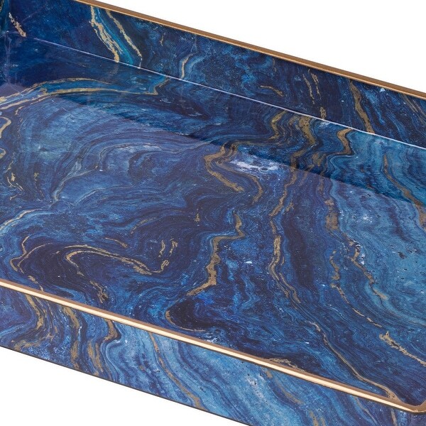 19， 18 Inch Set of 2 Modern Decorative Trays， Blue Pattern with Gold Rim - 26 H x 37 W x 37 L Inches