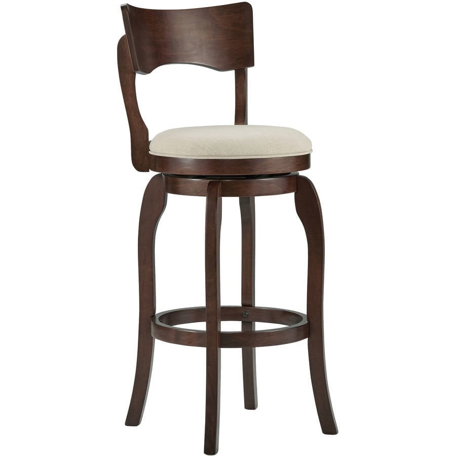 McAllister Brown Oak High Back Swivel Seat Bar Stool， Grey Linen