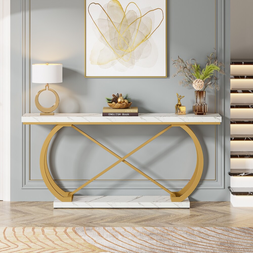 70.9 Inche Mid Century Modern Faux Marble Console Sofa Table for Entryway Hallway Accent Table with Half Moon Legs