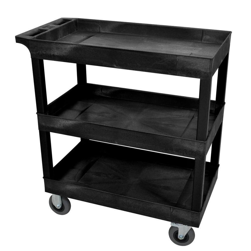 Luxor 18 in. x 32 in. 3-Tub Shelf Plastic Utility Cart with 5 in. Semi-Pneumatic Casters Black EC111SP5-B