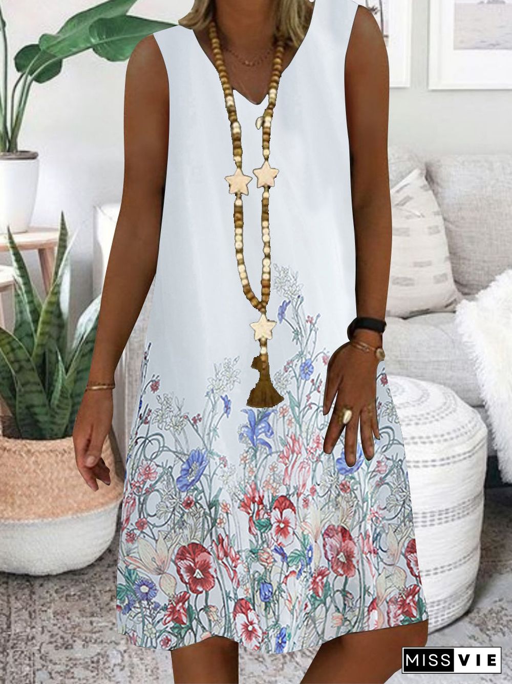 Women White Sleeveless V-neck Printed Midi Dress