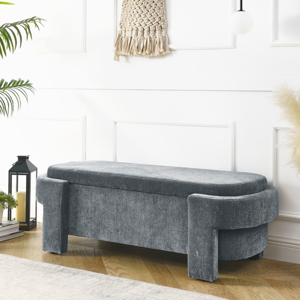 Linen Fabric Upholstered Bench with Large Storage Space