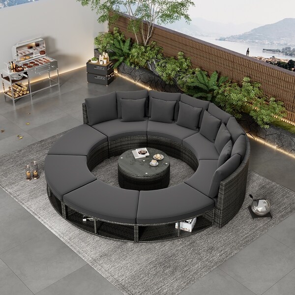 9Piece Outdoor Patio Furniture，Circular Outdoor Sofa Set with Tempered Glass Coffee Table