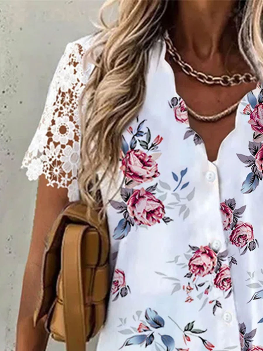 V-neck Casual Loose Floral Print Cutout Short Sleeve Blouse