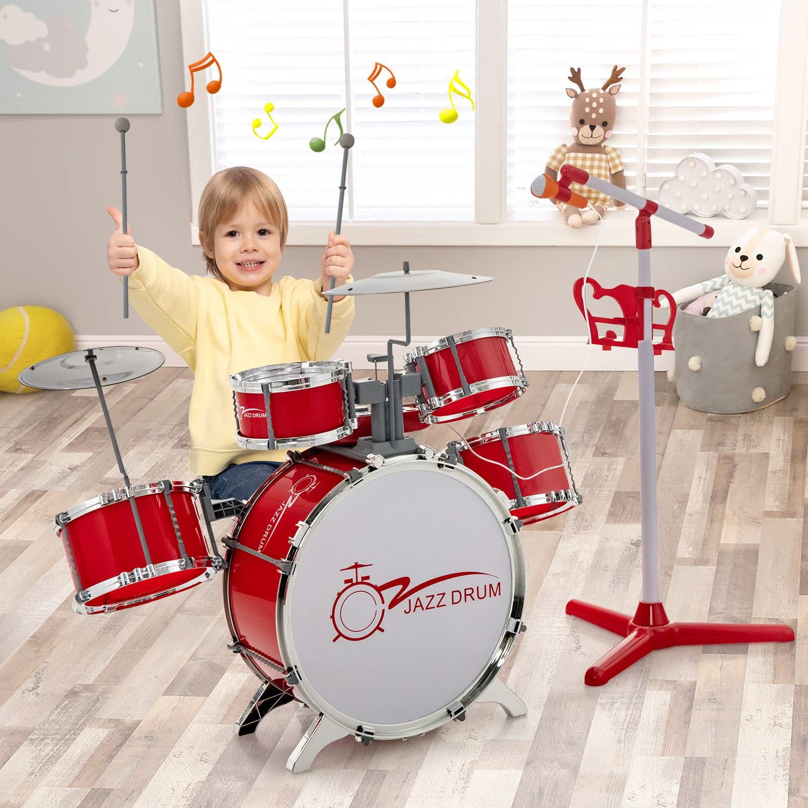 Costzon Kids Drum Keyboard Set with Stool & Microphone Stand, Jazz Drum Set with Cymbal