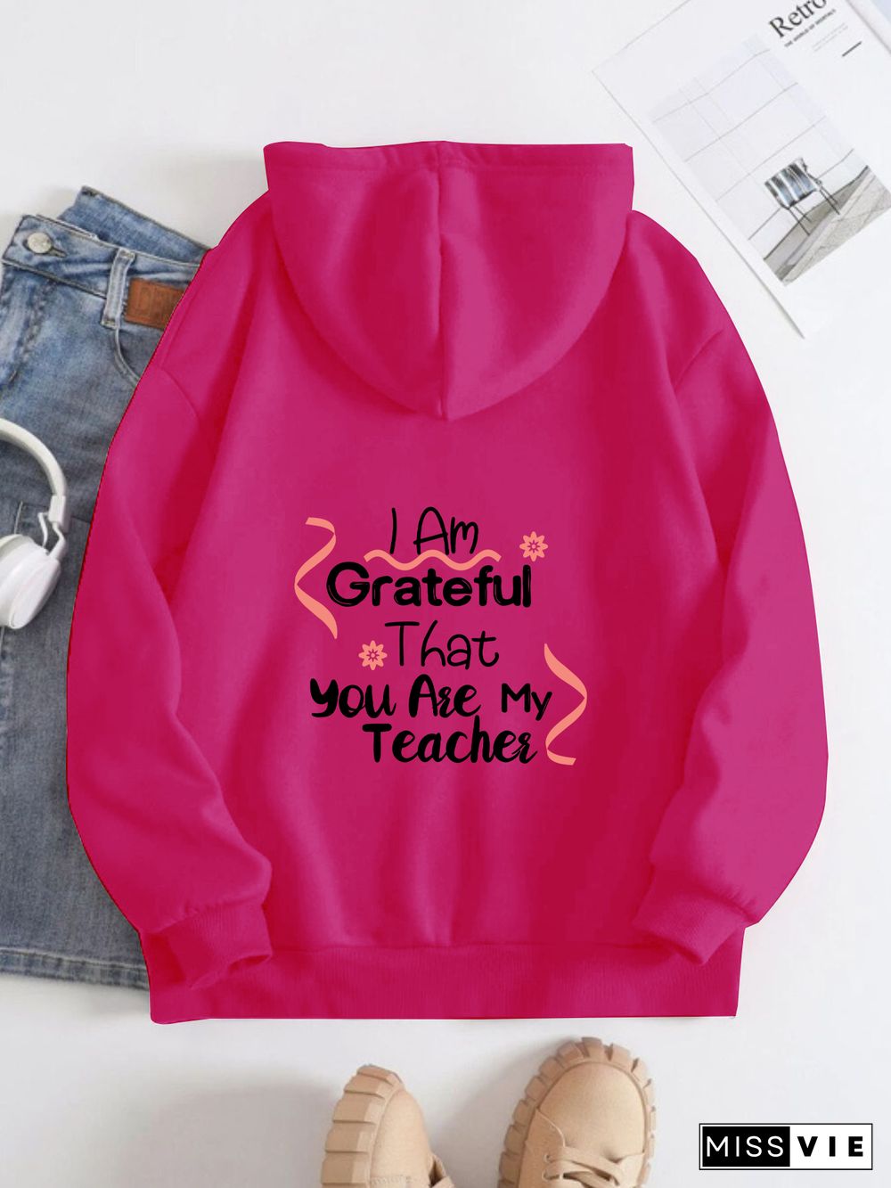 Printed on the Back Kangaroo Pocket Hoodie Long Sleeve for Women Pattern I am grateful that you are my teacher