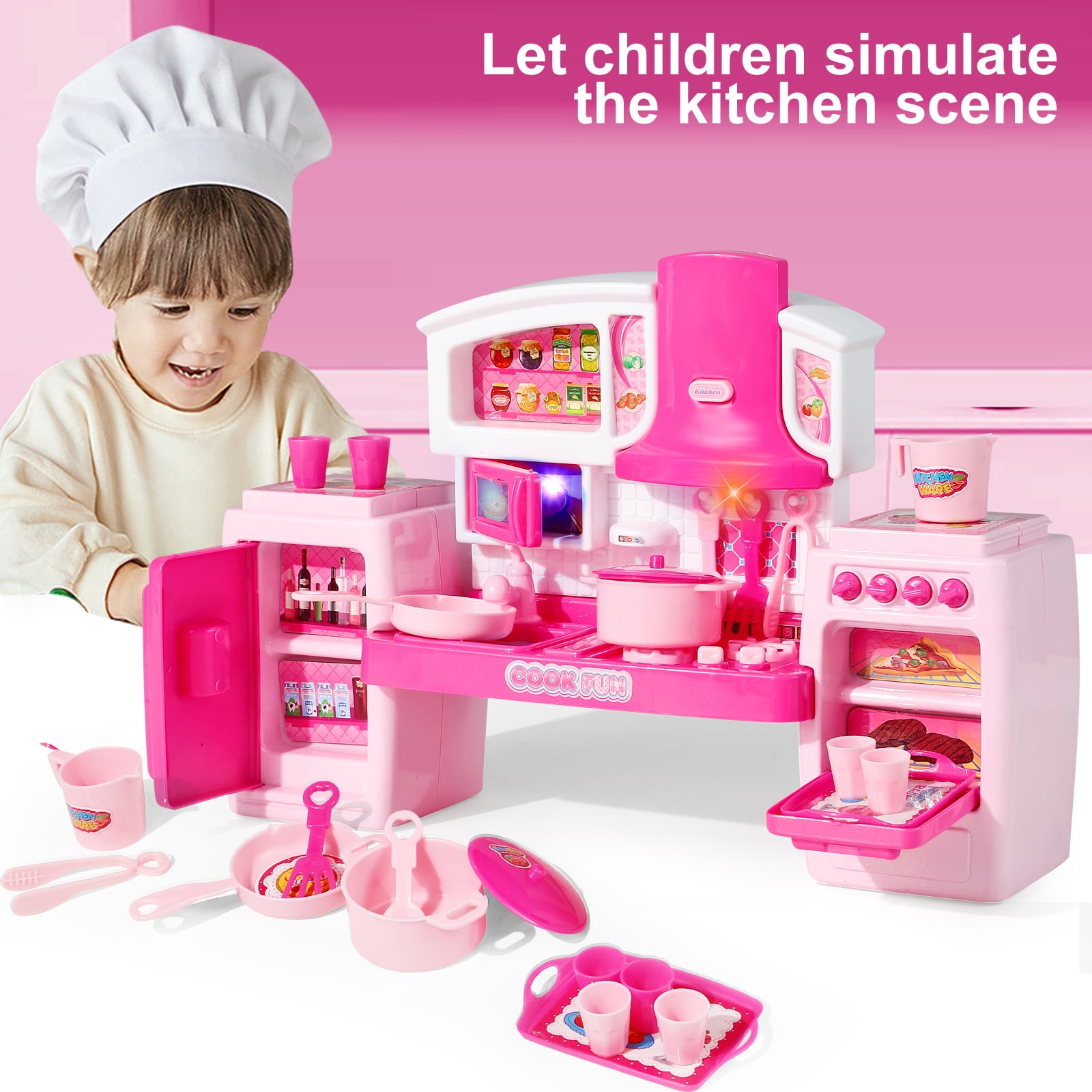 Play Kitchen Toys for Girls 3-6 Years Mini Oven Playset Pretend Food Cooking Pink Kitchen Toys for Toddlers Sounds and Light Stove (Miniature - Barbie doll Size)