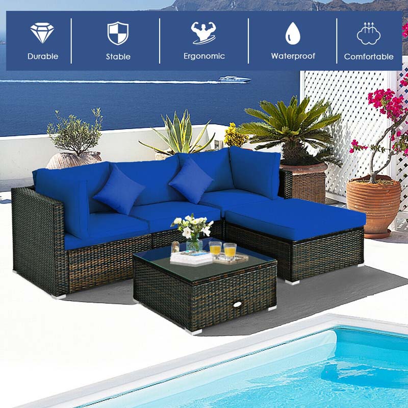 5 Pcs Outdoor Patio Rattan Furniture Sectional Sofa Set Wicker Conversation Set with Cushions