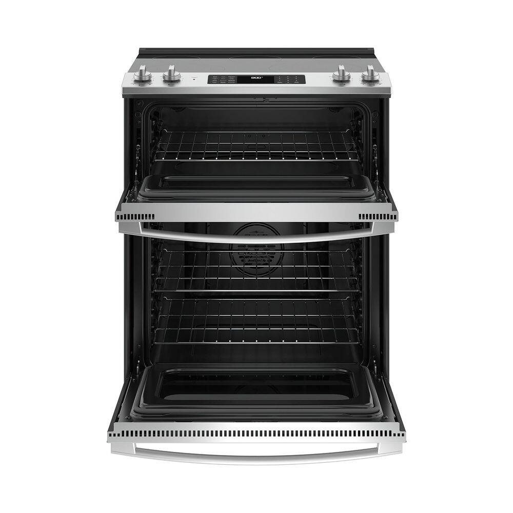 GE 30 in. 6.6 cu. ft. Slide-In Double Oven Electric Range in Stainless Steel with True Convection JSS86SPSS