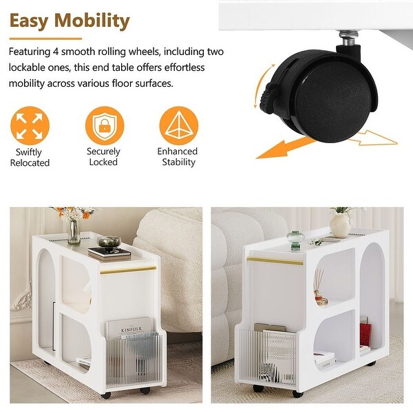 Mobile End Table with Lockable Wheels，Open Organizer