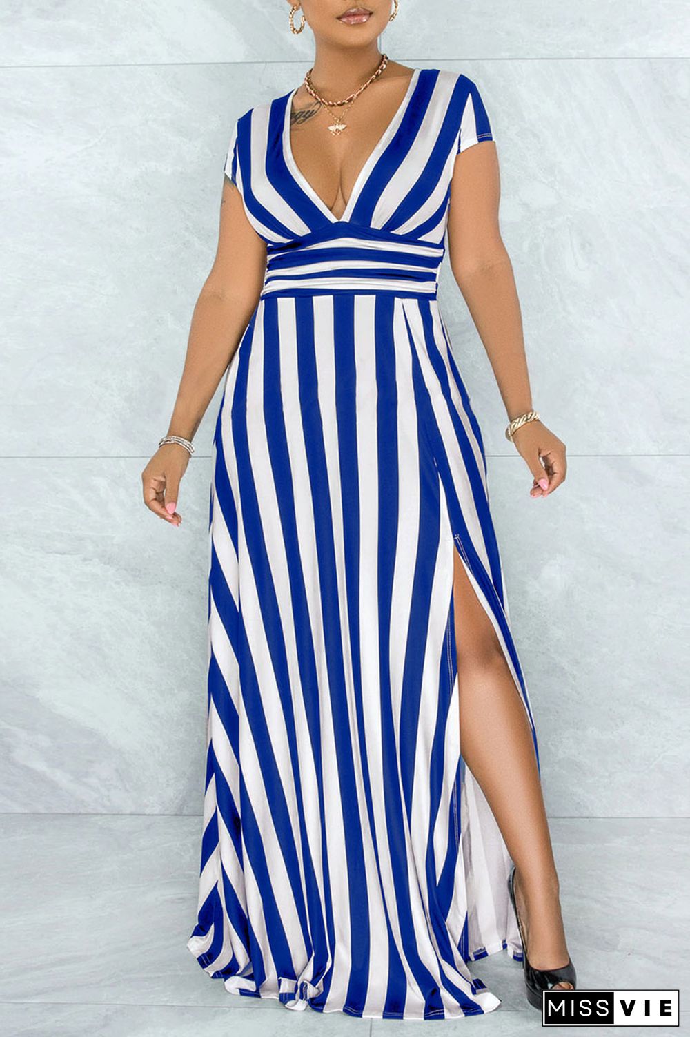 Black Sexy Striped Print Patchwork Slit V Neck A Line Dresses