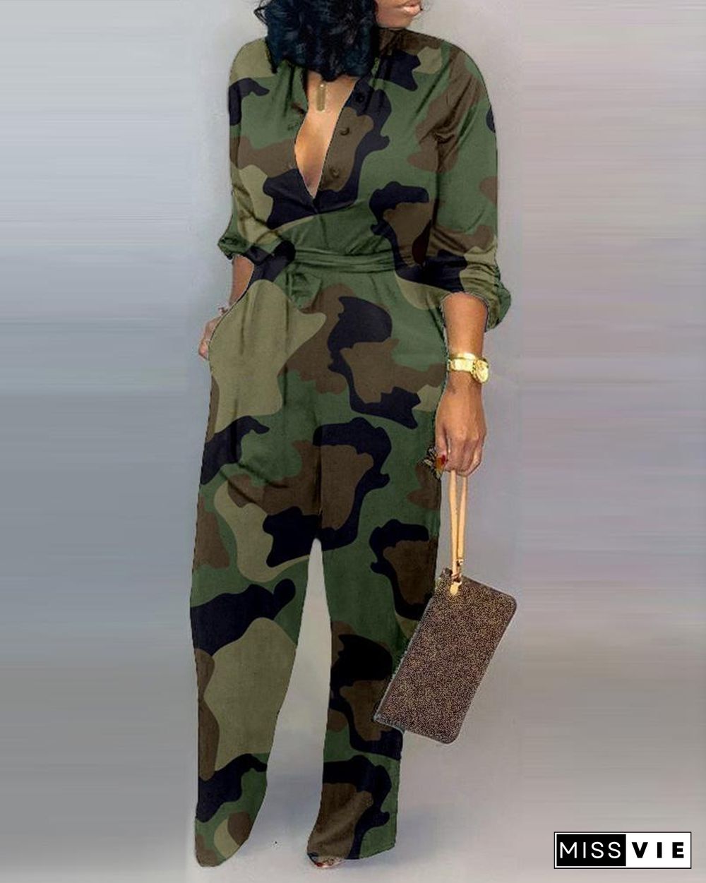 V Neck Camouflage Print Buttoned Jumpsuit