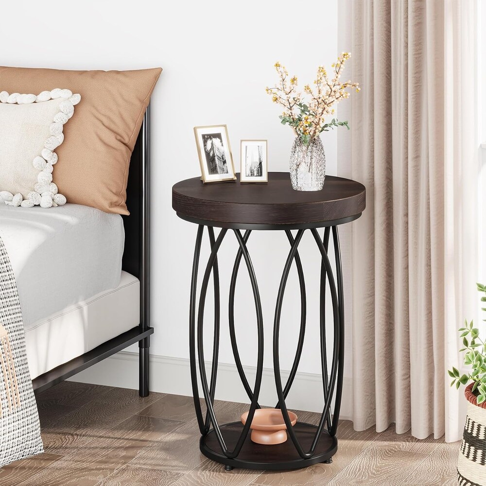 Industrial Round Side Table  Small End Table with Metal Frame