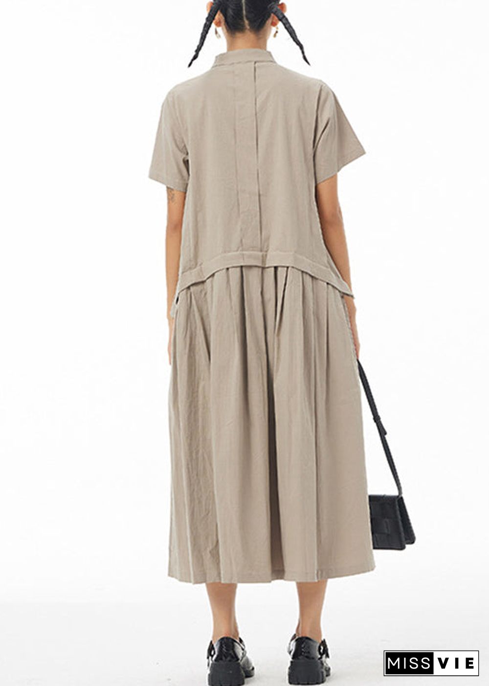 Casual Khaki Stand Collar Button Solid Cotton Long Shirt Dress Summer