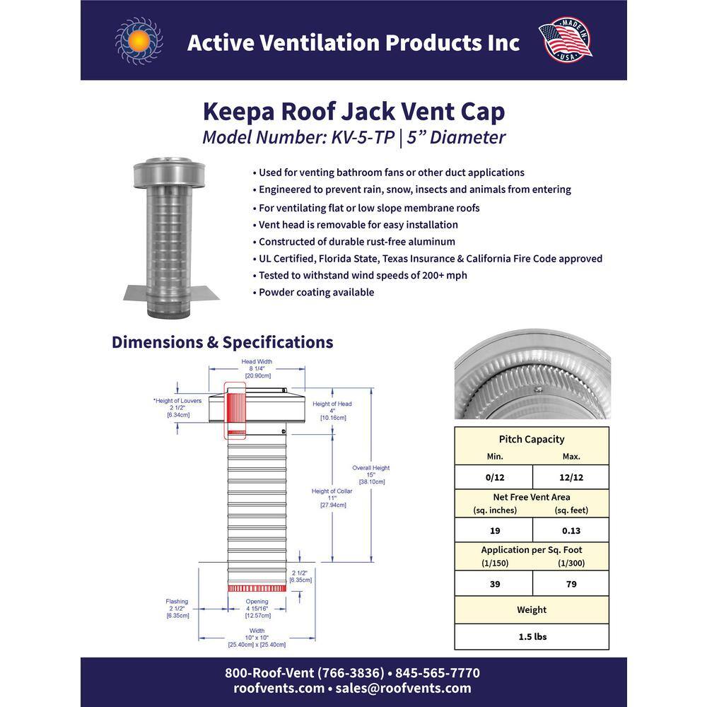 Active Ventilation 5 in. Dia. Aluminum Keepa Roof Jack with 2 in. Tail Pipe in Mill Finish KV-5-TP