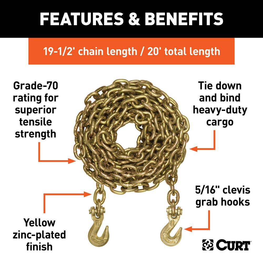 CURT 20' Transport Binder Safety Chain with 2 Clevis Hooks (18800 lbs. Yellow Zinc) 80307