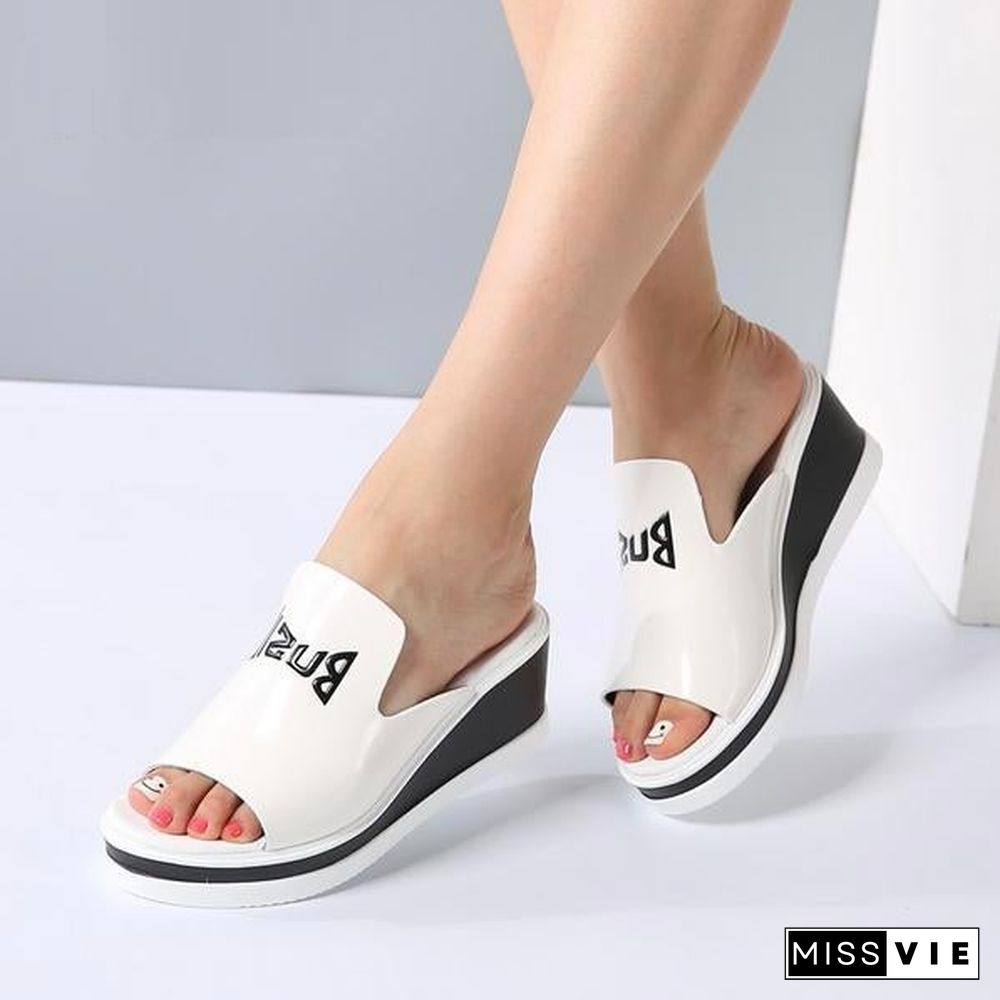 Women Mules Sandals Wedge Platform Patent Leather Slip On High Heels Sandals