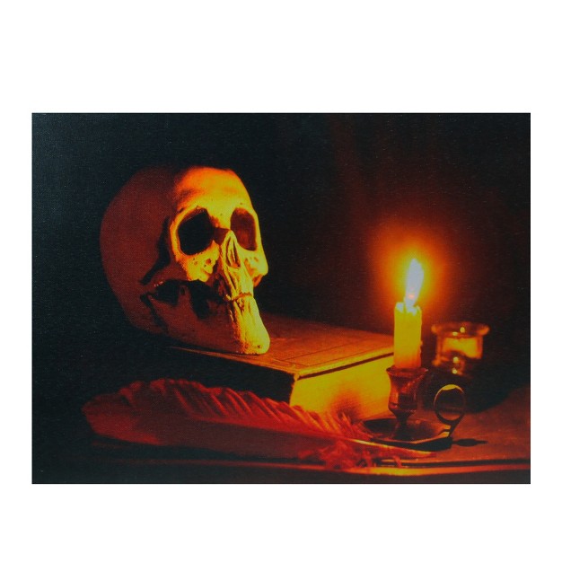 Halloween Prelit Led Antique Candle And Skull Canvas Wall Art Black orange