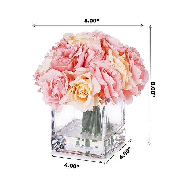 Enova Home Artificial 18 Pieces Fake Roses Silk Flowers Arrangement in Cube Glass Vase for Home Wedding Party Decoration