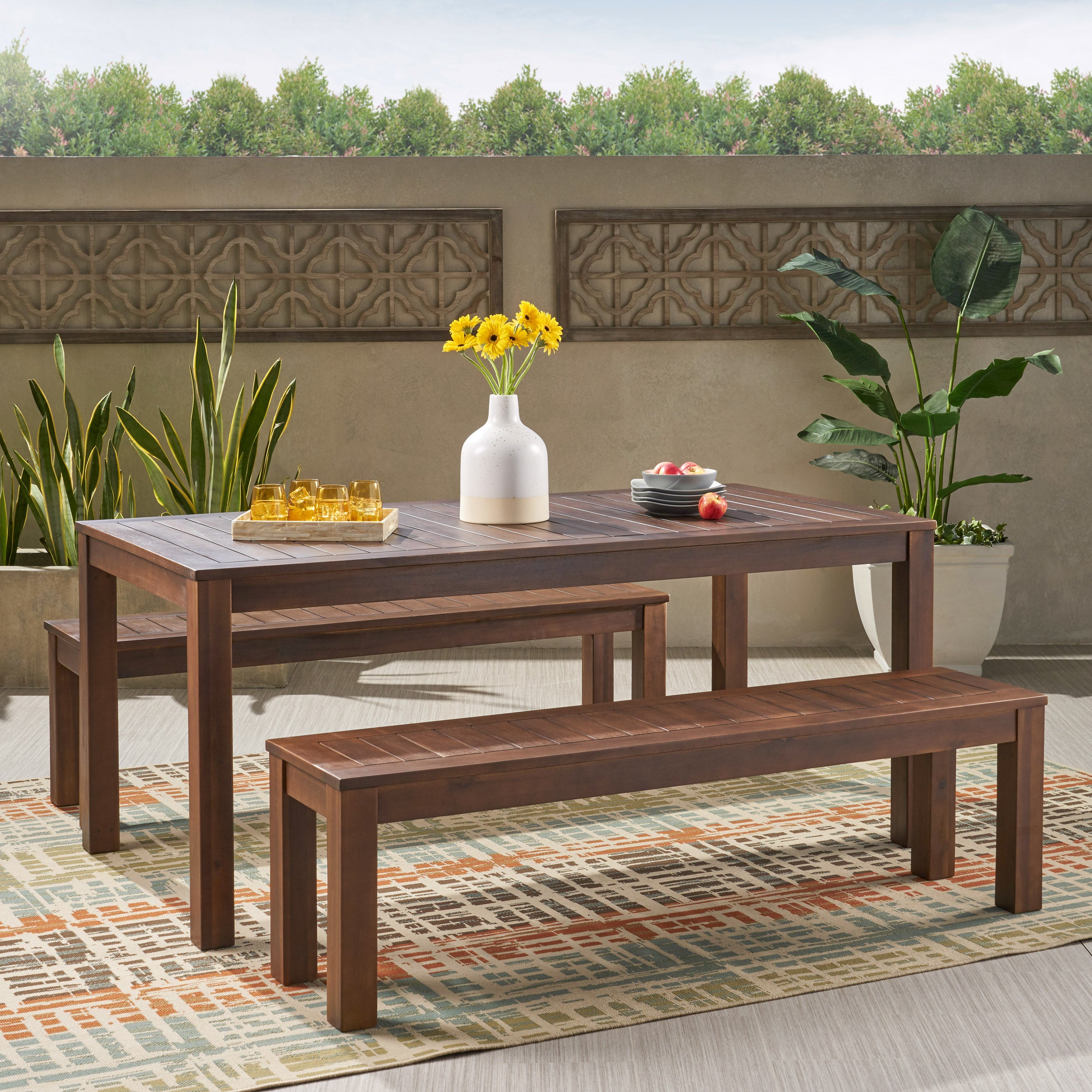 GDF Studio Ebany Outdoor Acacia Wood Rectangular 3 Piece Picnic Set， Dark Brown