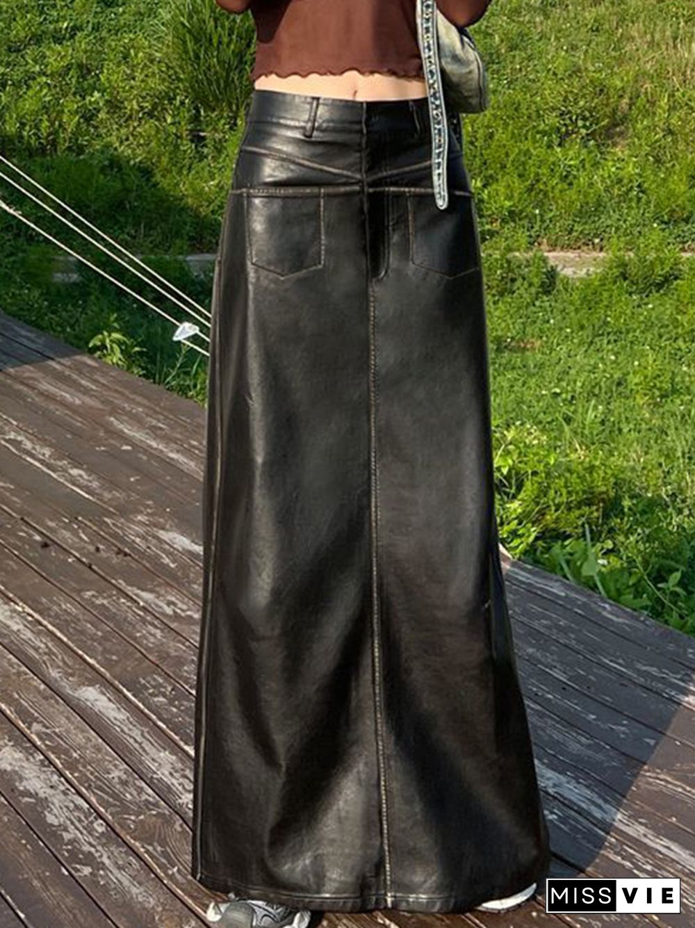 Vintage Leather Multi Pocket Maxi Skirt