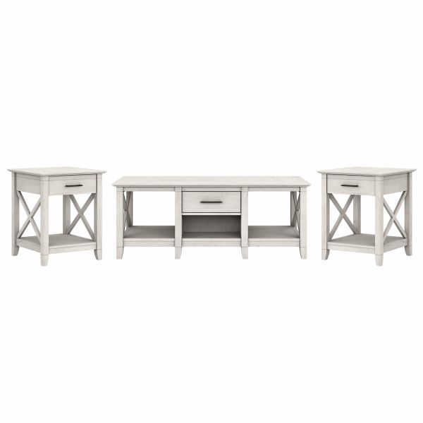 Bush Furniture Key West Coffee Table with Set of 2 End Tables in Linen White Oak