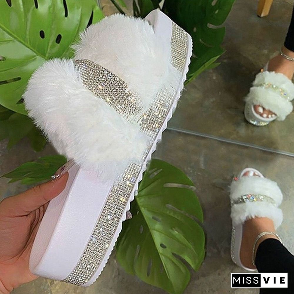 Women's Fashion Furry Slippers Platform Rhinestone Slippers